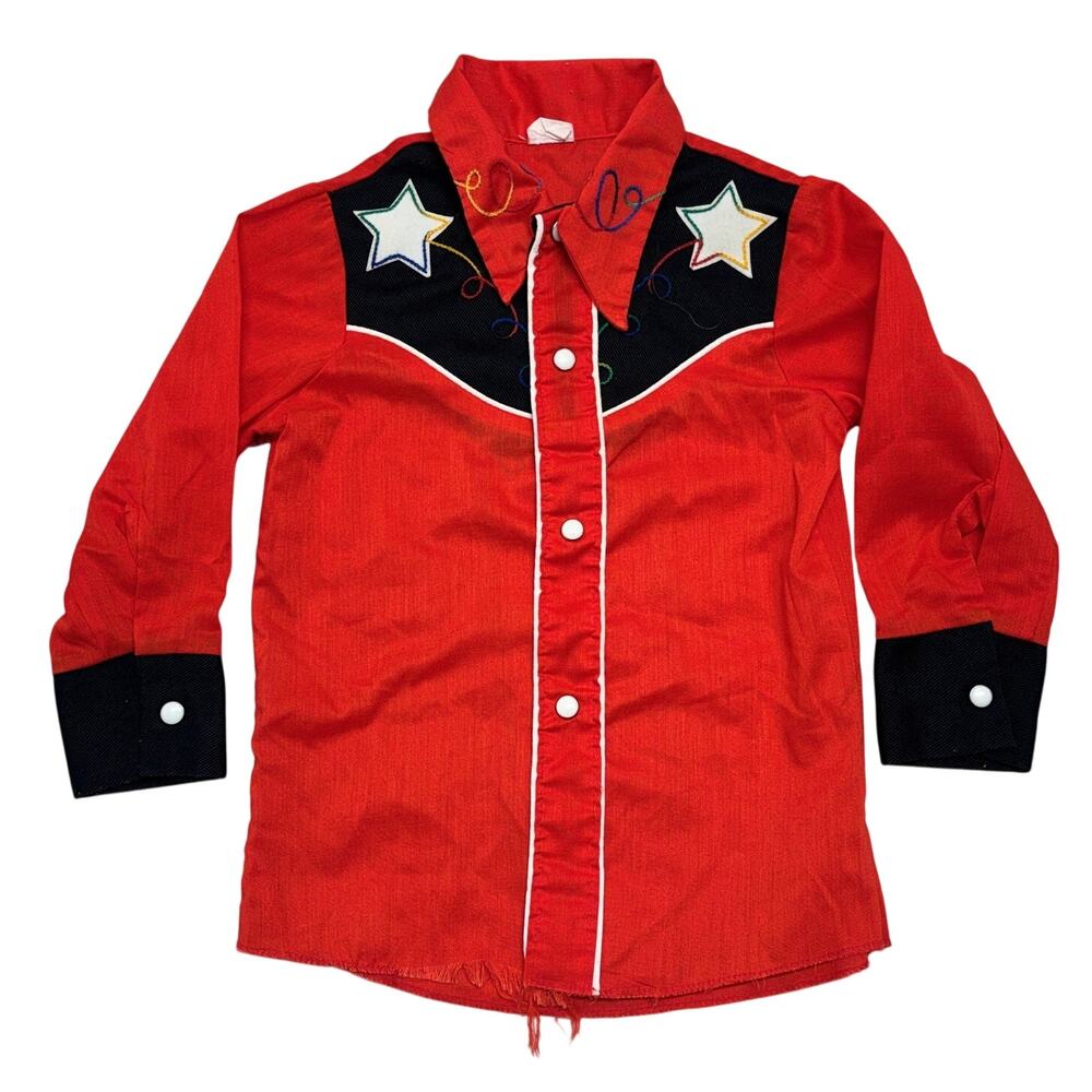 Vintage 70s Western Shirt Kids 4 Red/Black Stars Embroidered Pearl Snap Cowboy